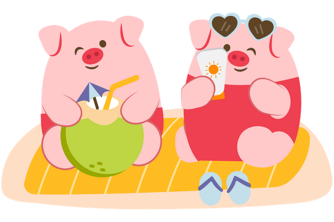 Pig couple have vacation on the beach Illustration