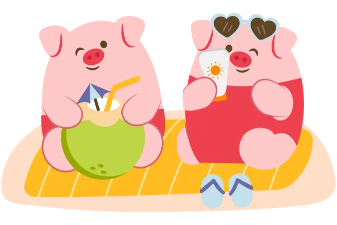 Happily Pig Lover Have Vacation On The Beach Drink Water Coconut And Use Sunblock Animal Cartoon Character Vector Illustration Illustration