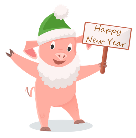 Pig in green hat and in Santa Claus beard and holding board of Happy New Year Illustration