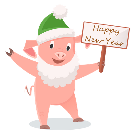 Pig in green hat and in Santa Claus beard and holding board of Happy New Year  Illustration