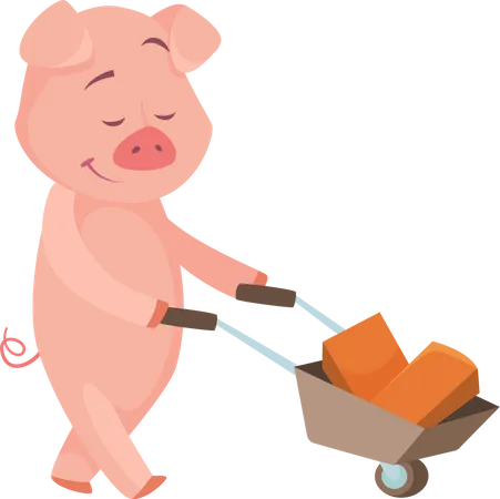 Pig pushing block cart  Illustration