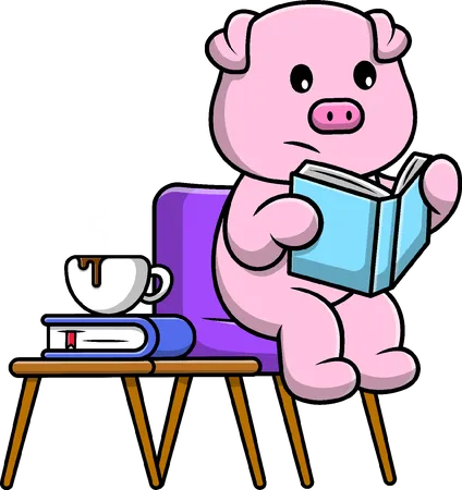 Pig Reading Book On Chair  Illustration