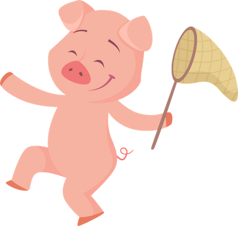 Pig with butterfly net Illustration