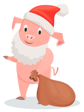 Pig with white beard and red hat with brown bag  Illustration