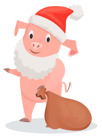 Pig with white beard and red hat with brown bag  Illustration