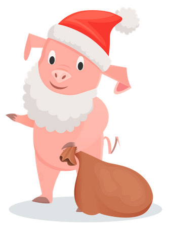 Pig with white beard and red hat with brown bag Illustration