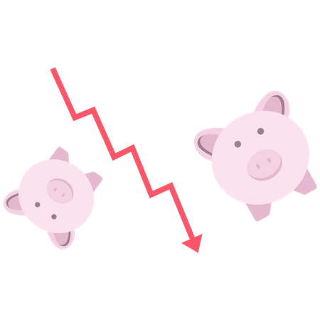 Piggy bank and red arrow going down  Illustration