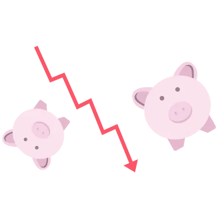 Piggy bank and red arrow going down  Illustration