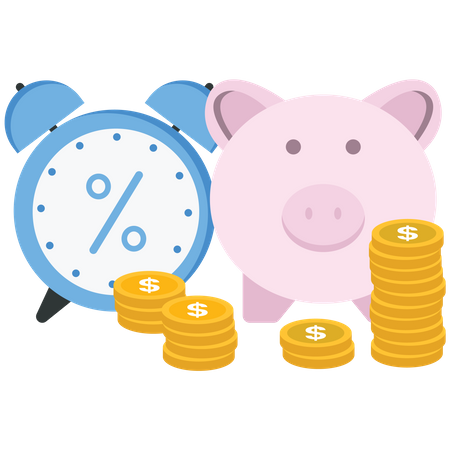 Piggy bank, clock, and a stack of coin  Illustration