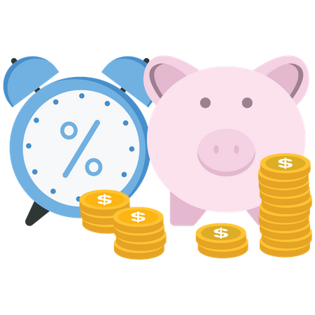 Piggy bank, clock, and a stack of coin  Illustration