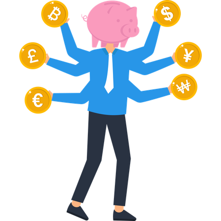 Piggy Bank Headed Figure with Currency Coins Bitcoin Dollar Euro Yen Won Pound  Illustration