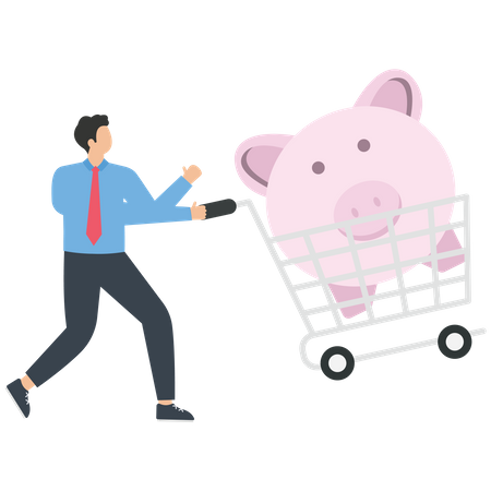 Piggy bank in a shopping cart with businessman  Illustration