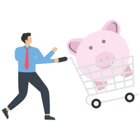 Piggy bank in a shopping cart with businessman  Illustration