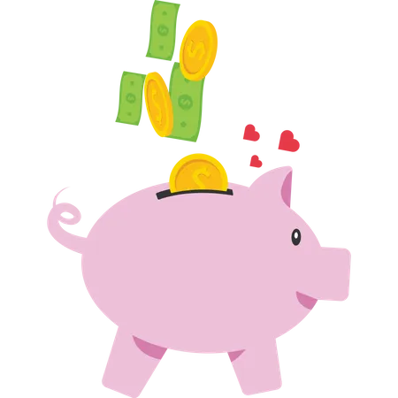 Piggy bank is happy from the large savings  Illustration