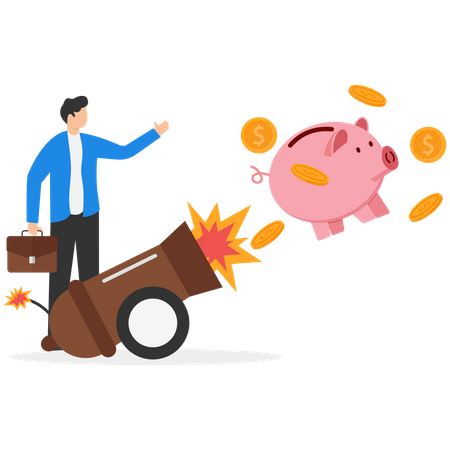 Piggy bank shot from cannon  Illustration