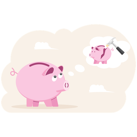 Piggy bank stressful and paranoid with hammer will smash  Illustration