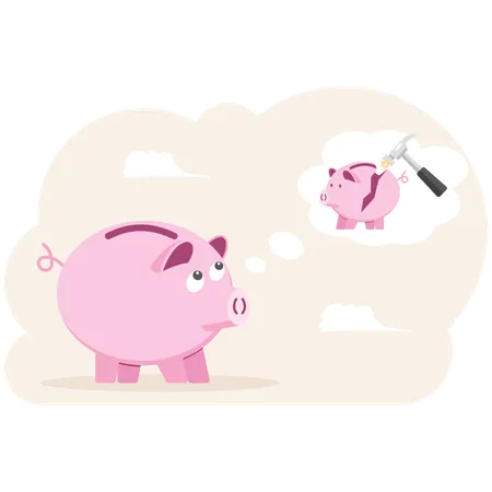 Piggy bank stressful and paranoid with hammer will smash  Illustration
