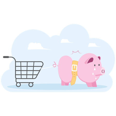 Piggy bank tighten belt with shopping cart  Illustration