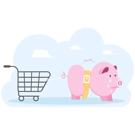 Piggy Bank Tighten Belt With Shopping Cart Illustration Vector Cartoon Illustration