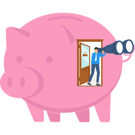 Piggy Bank with Businessman Looking Through Binoculars  Illustration