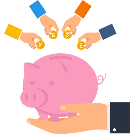Piggy Bank with Currency Coins and Hands  Illustration