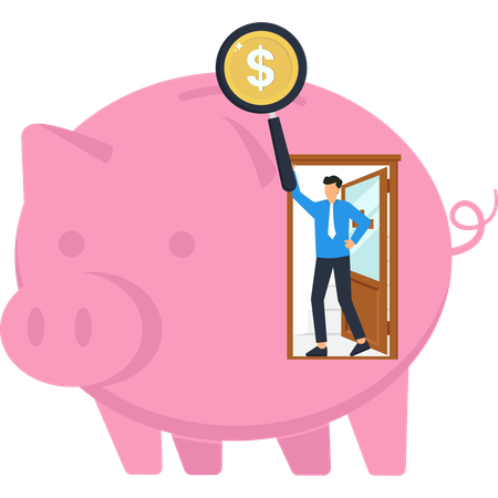 Piggy Bank with Magnifying Glass and Businessman  Illustration