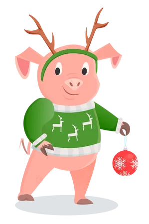 Piglet in a warm sweater with deer horns and Christmas ball  Illustration