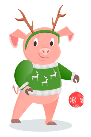 Piglet in a warm sweater with deer horns and Christmas ball  Illustration