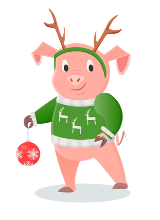 Piglet in warm sweater with deer horns and Christmas ball  Illustration