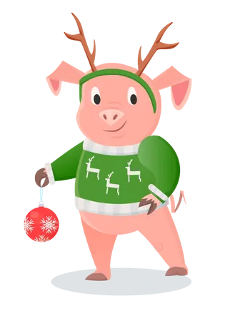 Piglet in warm sweater with deer horns and Christmas ball  Illustration