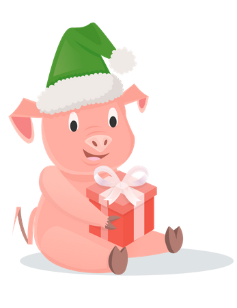 Piglet with gift box sitting on snow  Illustration