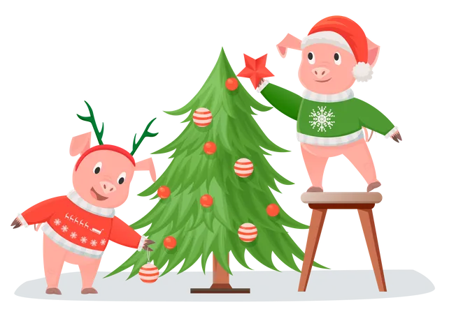 Pigs decorating Christmas tree Illustration
