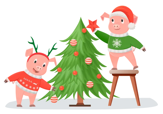 Pigs decorating Christmas tree  Illustration