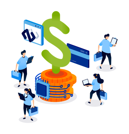 Pila de dinero envuelta en red y chip que representa el desarrollo de la tecnología bancaria y crediticia  Ilustración