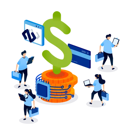 Pila de dinero envuelta en red y chip que representa el desarrollo de la tecnología bancaria y crediticia  Ilustración