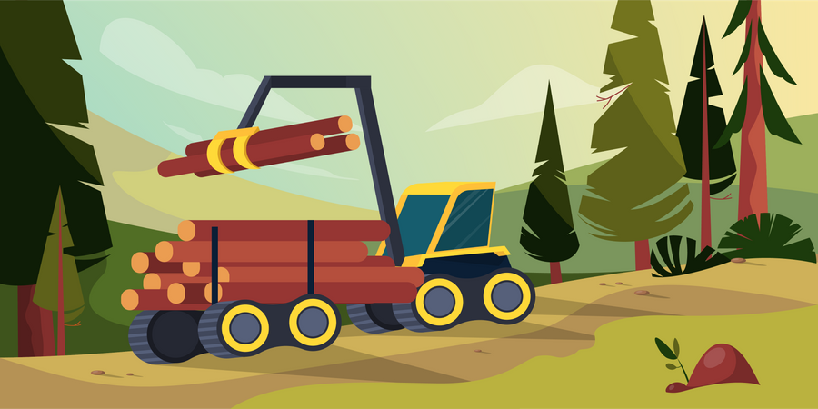 Montón de troncos en el camión. paisaje forestal  Ilustración