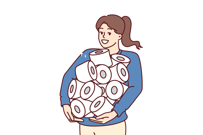 Pile de papier toilette dans les mains d'une femme heureuse approvisionnée en cas de quarantaine  Illustration