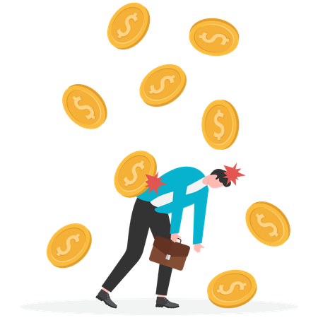 Pile of falling gold coins hit businessman's head  Illustration