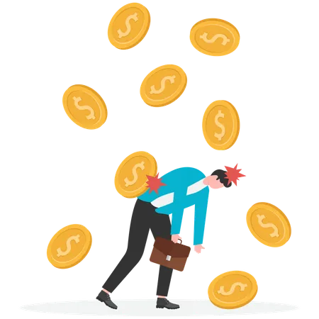 Pile of falling gold coins hit businessman's head  Illustration