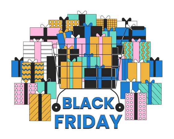 Pile Of Gifts On Black Friday 2 D Linear Illustration Concept Full Shopping Cart With Presents Cartoon Object Isolated On White E Commerce Buy Metaphor Abstract Flat Vector Outline Graphic Illustration