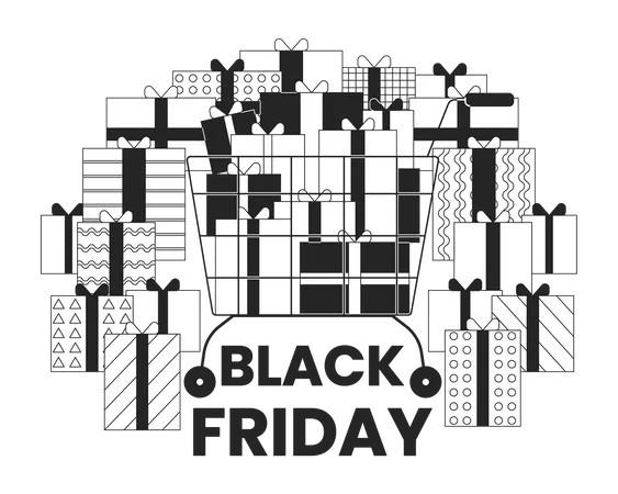 Pile Of Gifts On Black Friday Black And White 2 D Illustration Concept Full Shopping Cart With Presents Cartoon Outline Object Isolated On White E Commerce Buy Metaphor Monochrome Vector Art イラスト