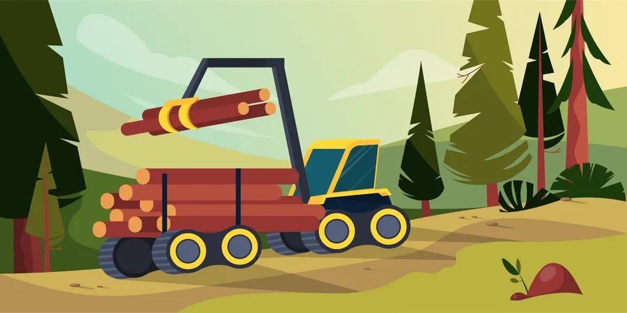 Pile of log on the truck. Forest landscape  Illustration