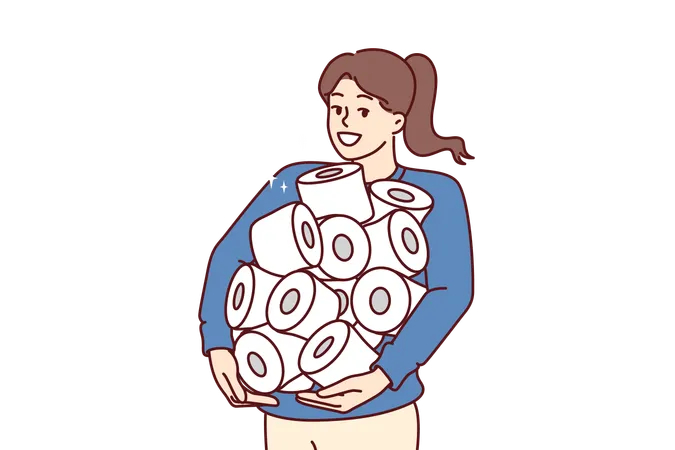 Pile of toilet paper in hands of happy woman stocked up in case of quarantine  Illustration