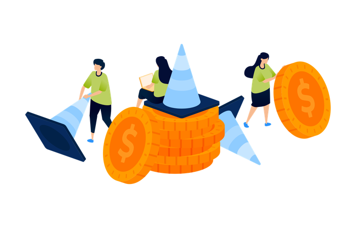 Piles of coins with warning cones  Illustration