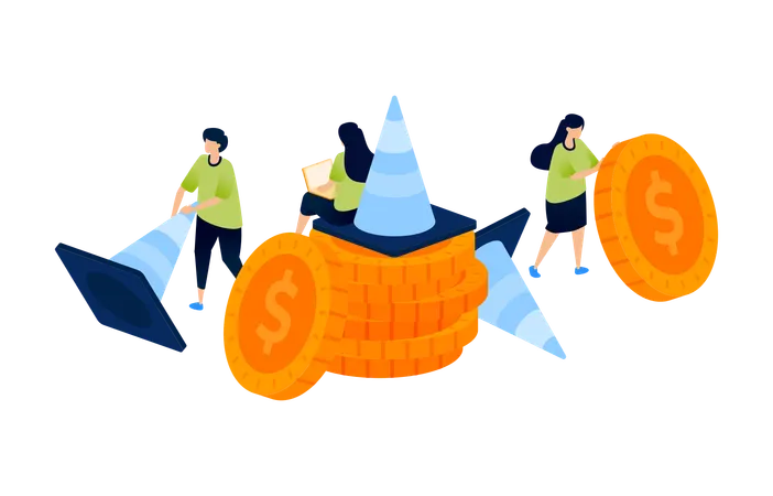 Piles of coins with warning cones  Illustration