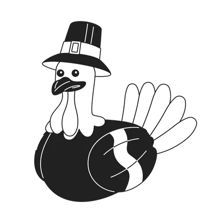 Pilgrim Turkey Mascot Black And White 2 D Cartoon Character Poultry Bird Wearing Hat Isolated Vector Outline Animal Capotain Turkey Authentic Thanksgiving Monochromatic Flat Spot Illustration Illustration