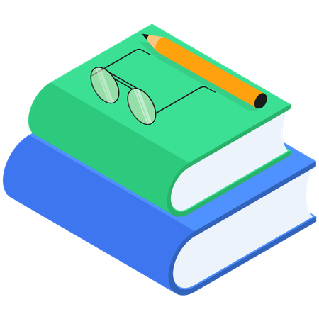 Pilha de livros com óculos e lápis em cima  Ilustração