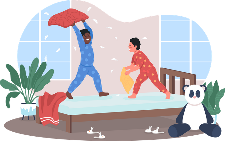 Pillow fight in kindergarten  Illustration