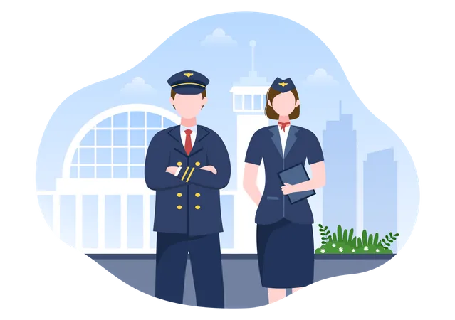 Pilot and Air Hostess standing together  Illustration