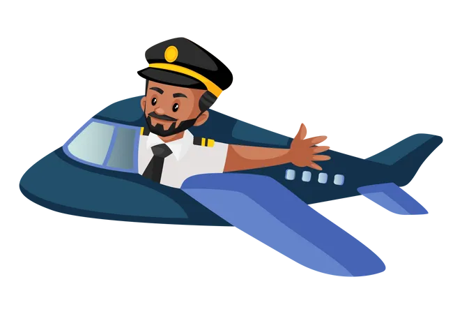 Pilot flying an airplane and waving a hand Illustration